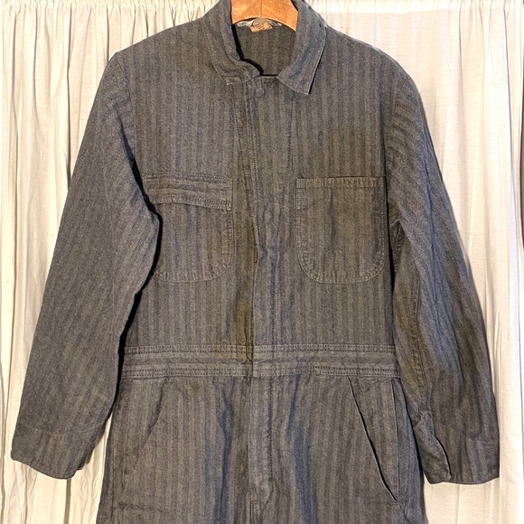 Vintage 1970s Sears Work Leisure Herringbone Denim Coveralls 36R Zip Front USA - Picture 2 of 11